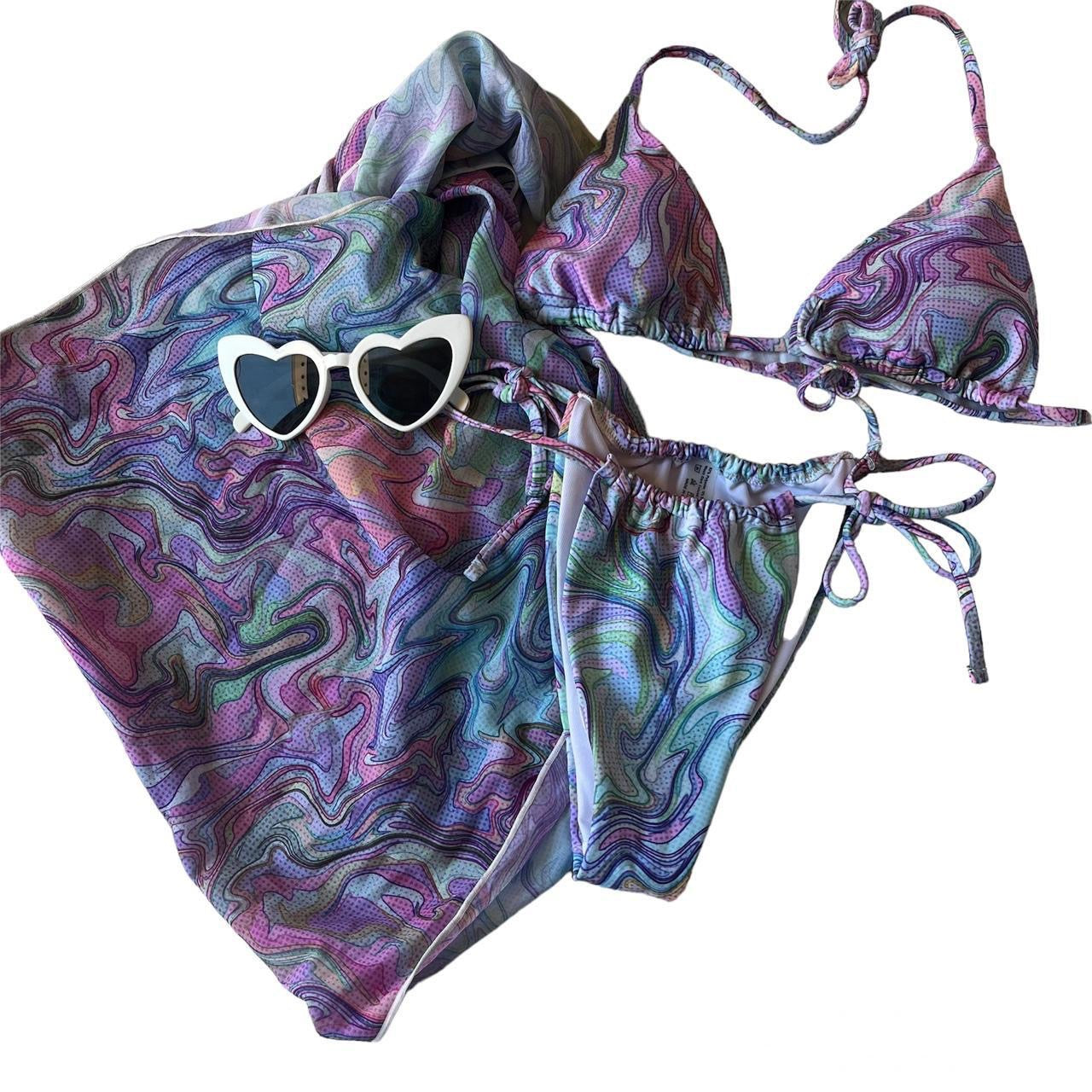 Purple Swirl Print 3 Piece Bikini Set