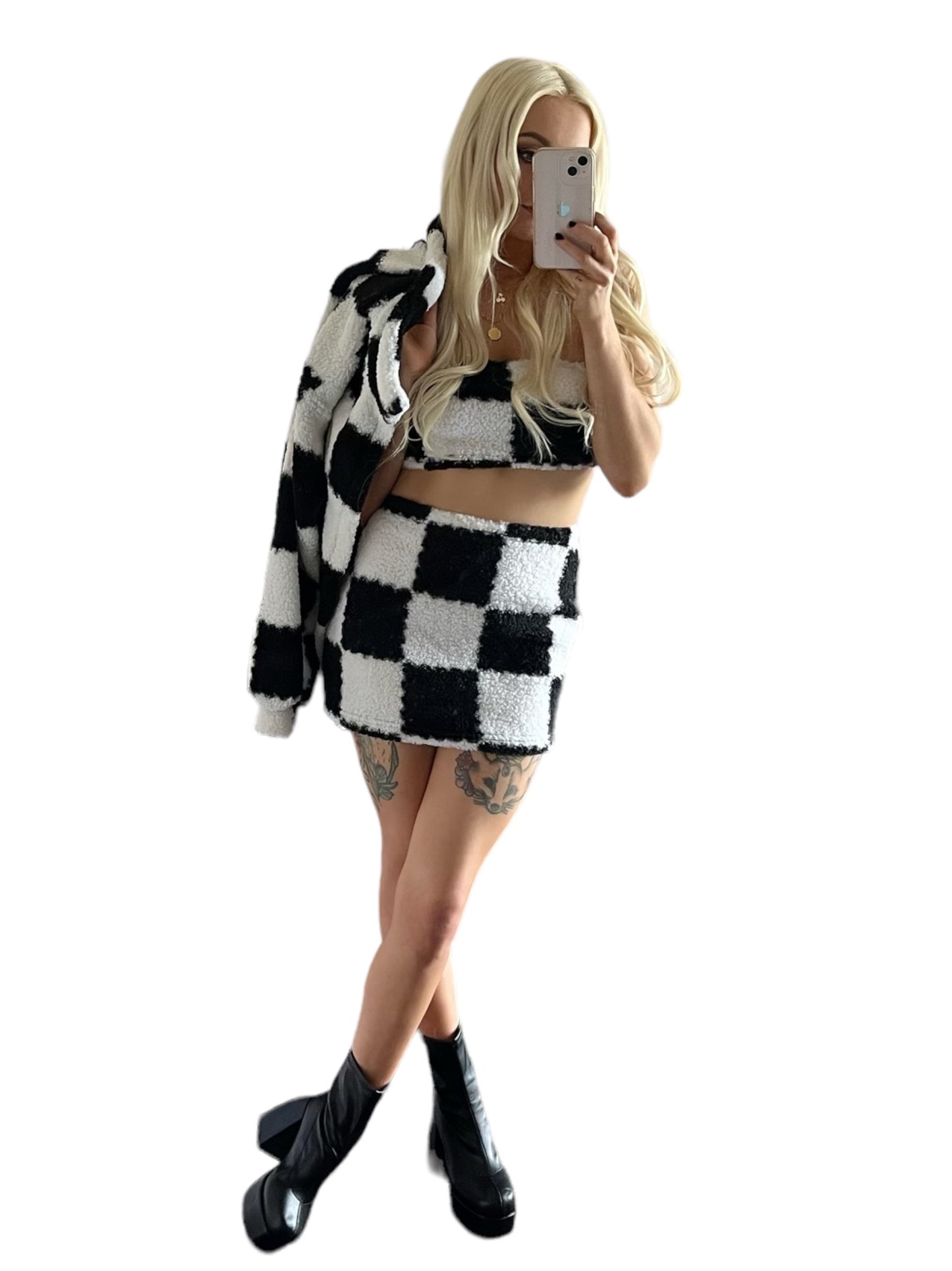 Black and White Checkerboard Fluffy 3 Piece Co-Ord Set