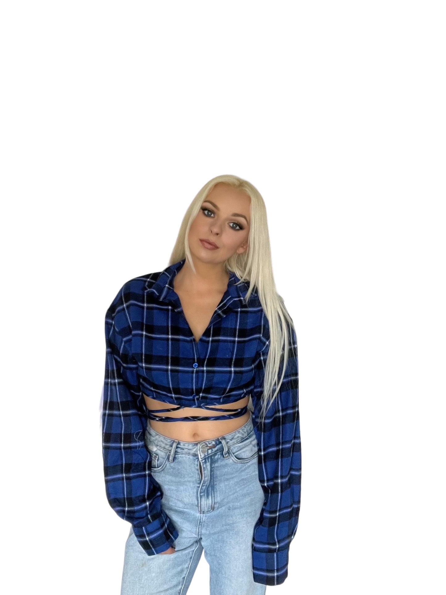 Blue Checkered Flannel Cropped Wrap Shirt