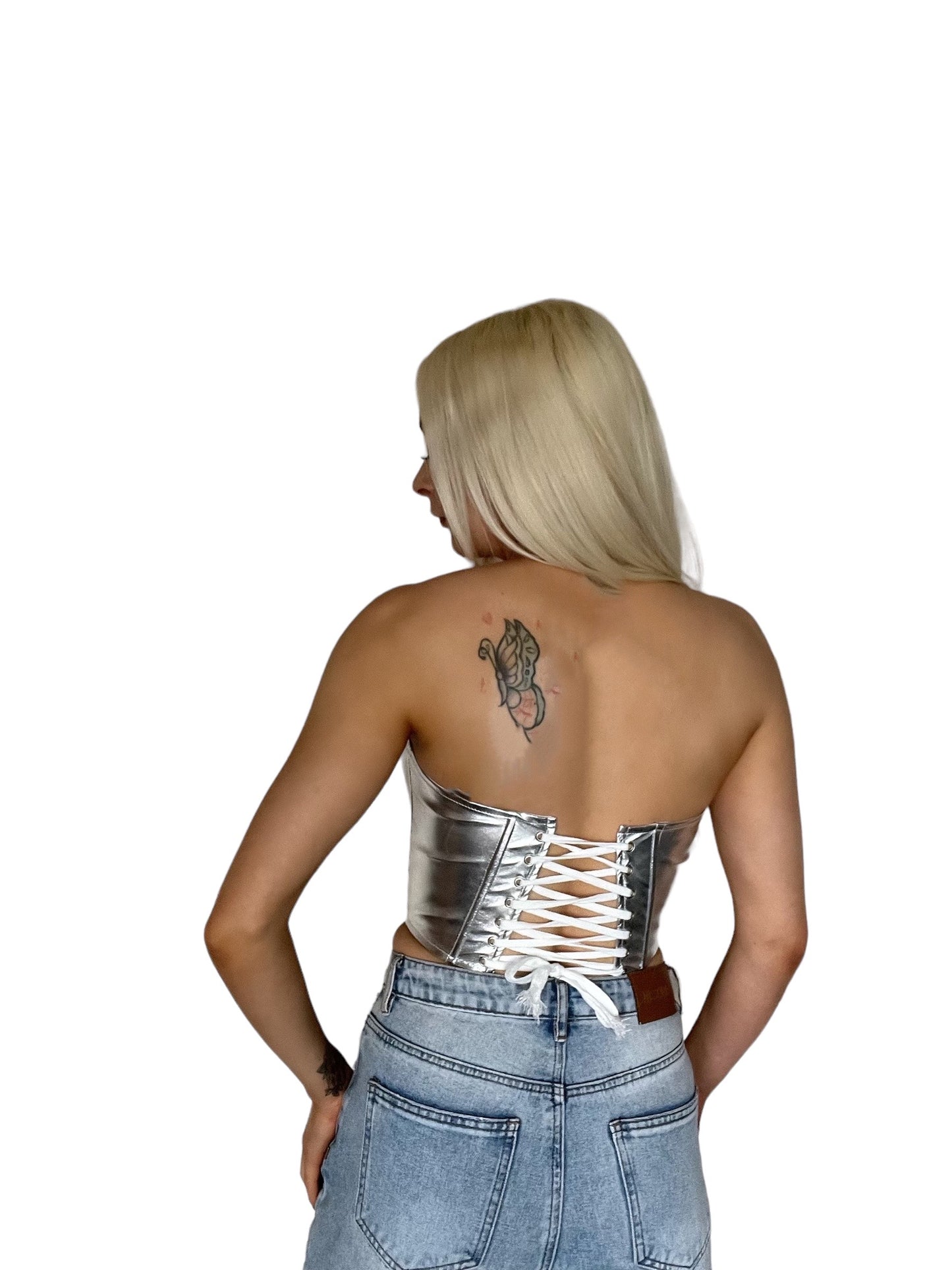 Silver Metallic Lace Up Y2k Corset