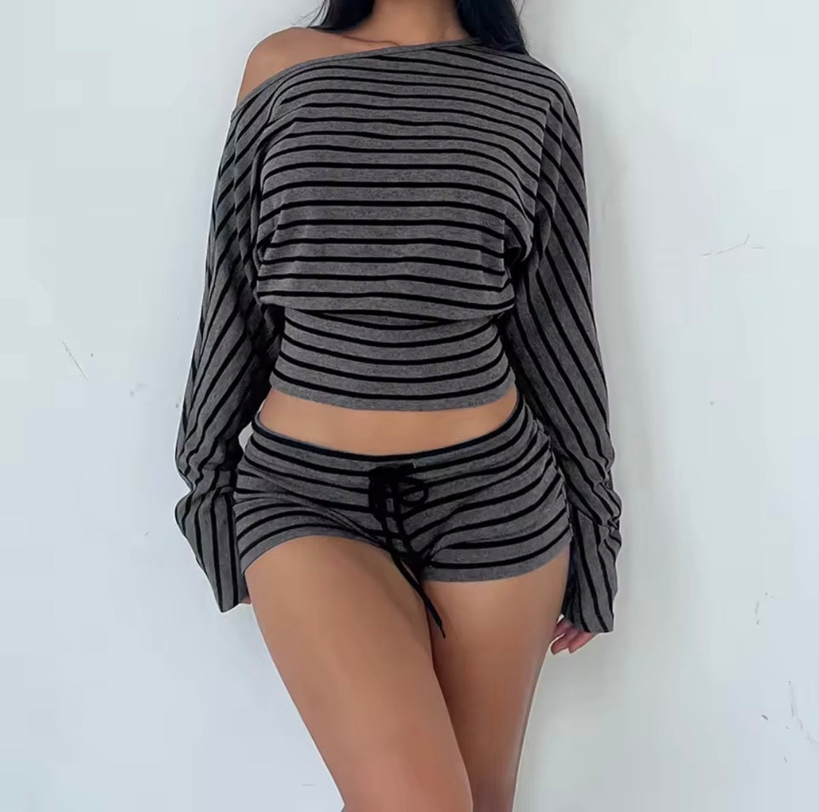 Grey And Black Striped Slouch Top And Shorts Loungewear Set
