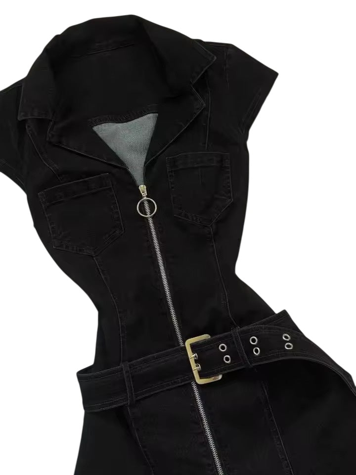 Black Denim Y2k Belt Mini Minimalist Dress
