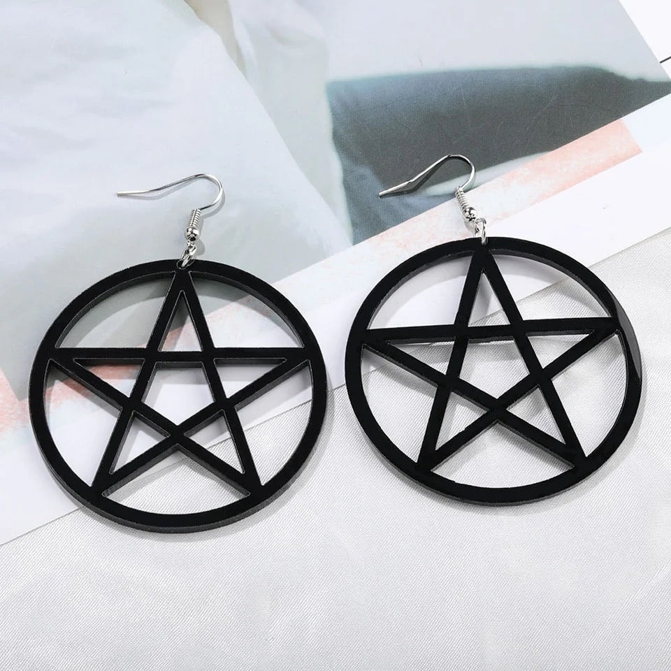 Black Pentagram Large Hoop Gothic Earrings