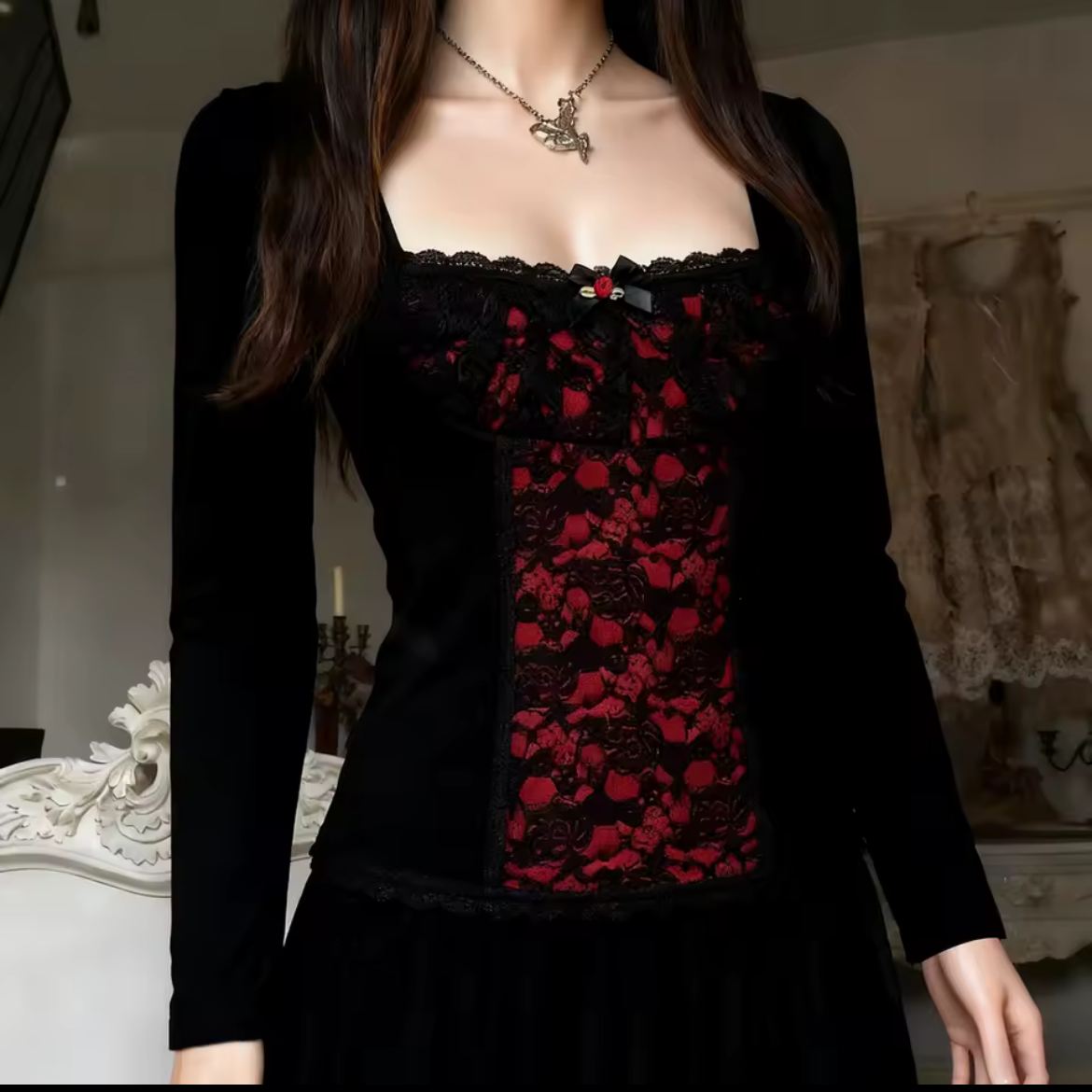 Black Dark Cherry Lace Alt Long Sleeve Top