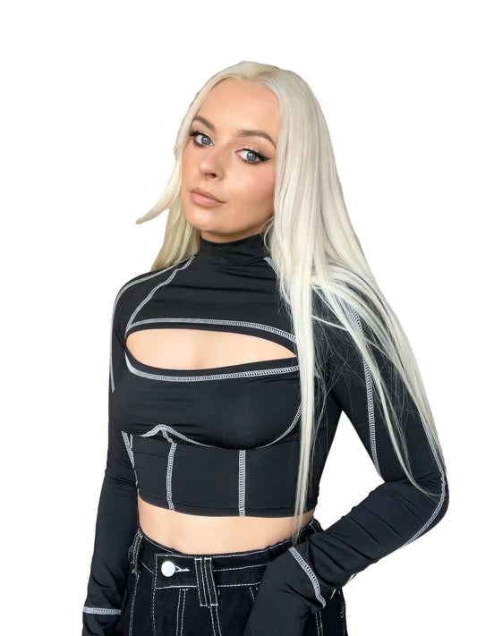 Black Y2k Key Hole Cut Out Long Sleeve Crop Top