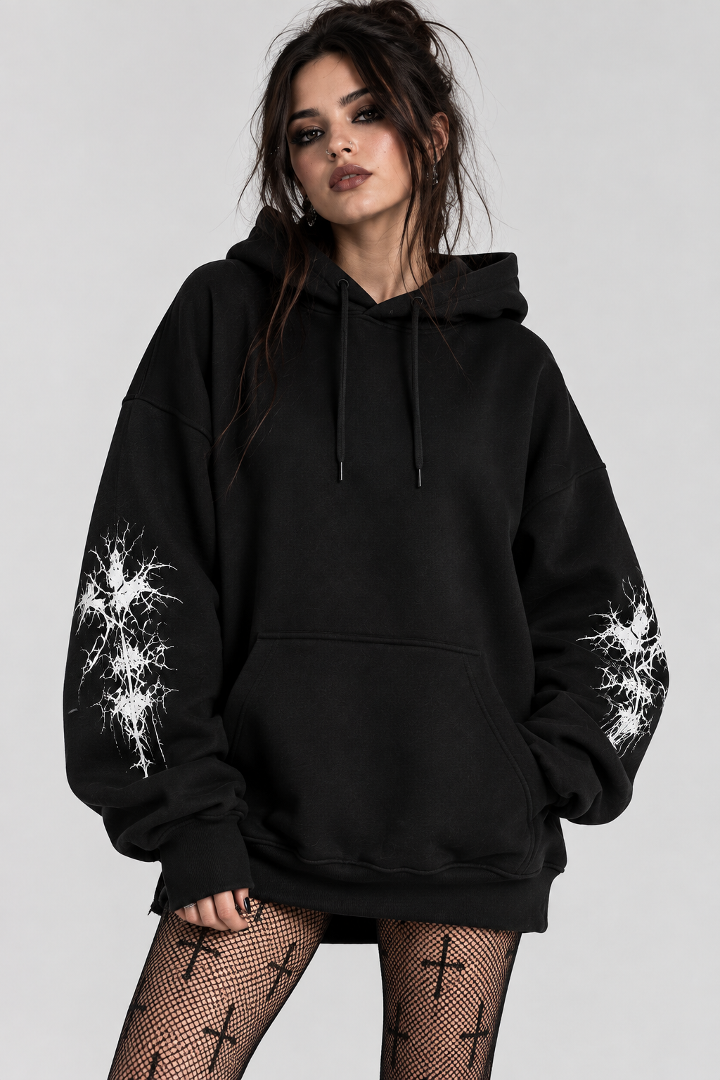 Black Gothic Oversized Graphic Hoodie with White Back Print