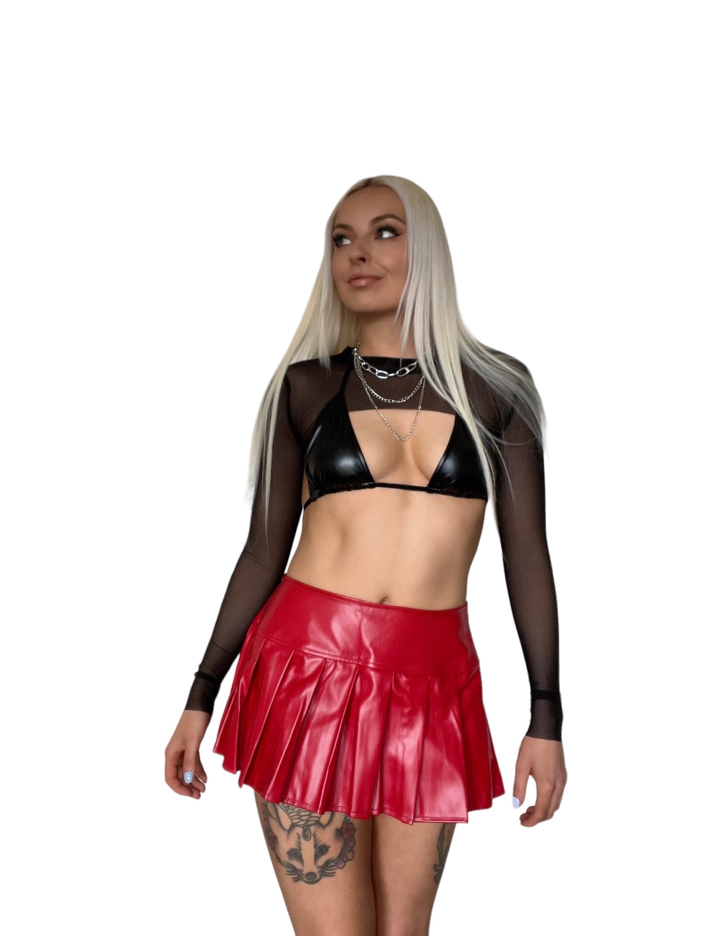 Red Faux Leather Low Rise Tennis Mini Skater Skirt