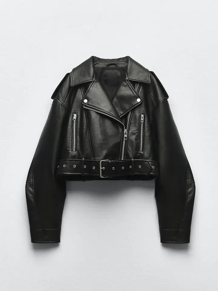 Black Faux Leather Cropped Biker Punk Jacket