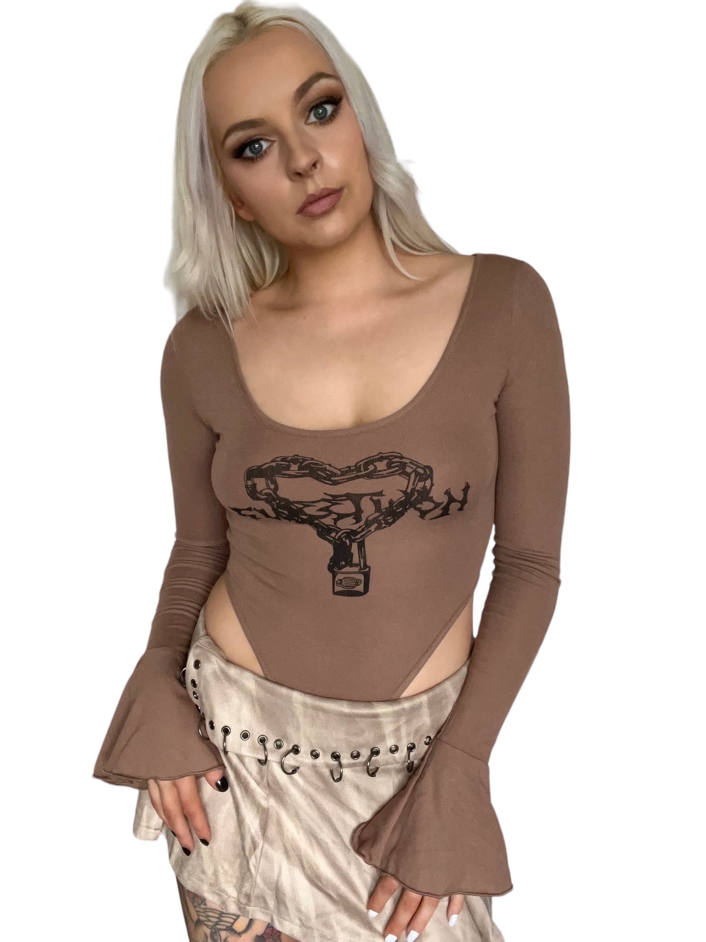 Brown Heart Punk Graphic Y2K Bodysuit