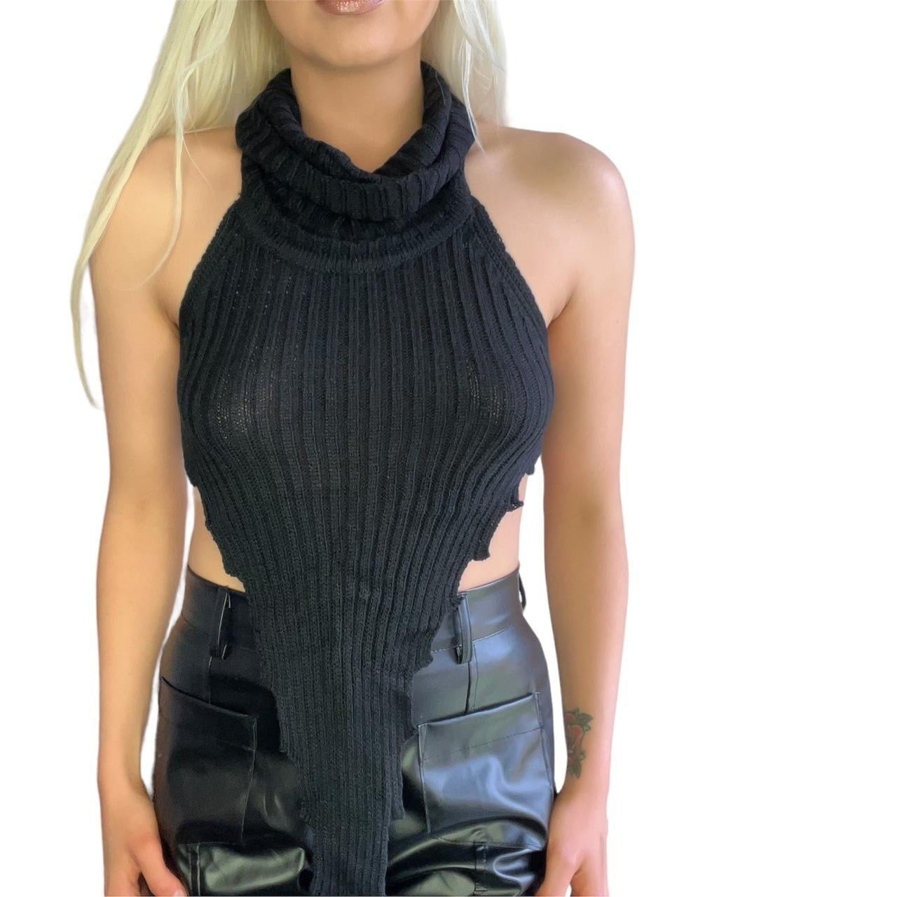 Black Knitted High Neck Asymmetric Crop Top