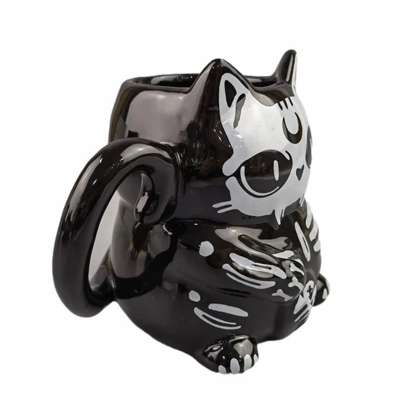 Black Gothic Skeleton Cat Shaped Ceramic Mug