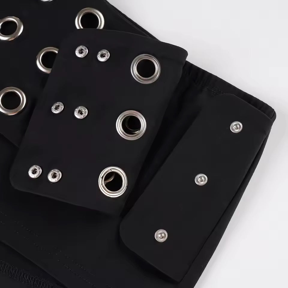 Black Low Rise Punk Festival Eyelet Booty Shorts