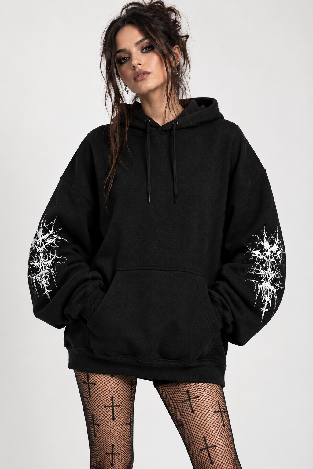 Black Gothic Oversized Graphic Hoodie with White Back Print