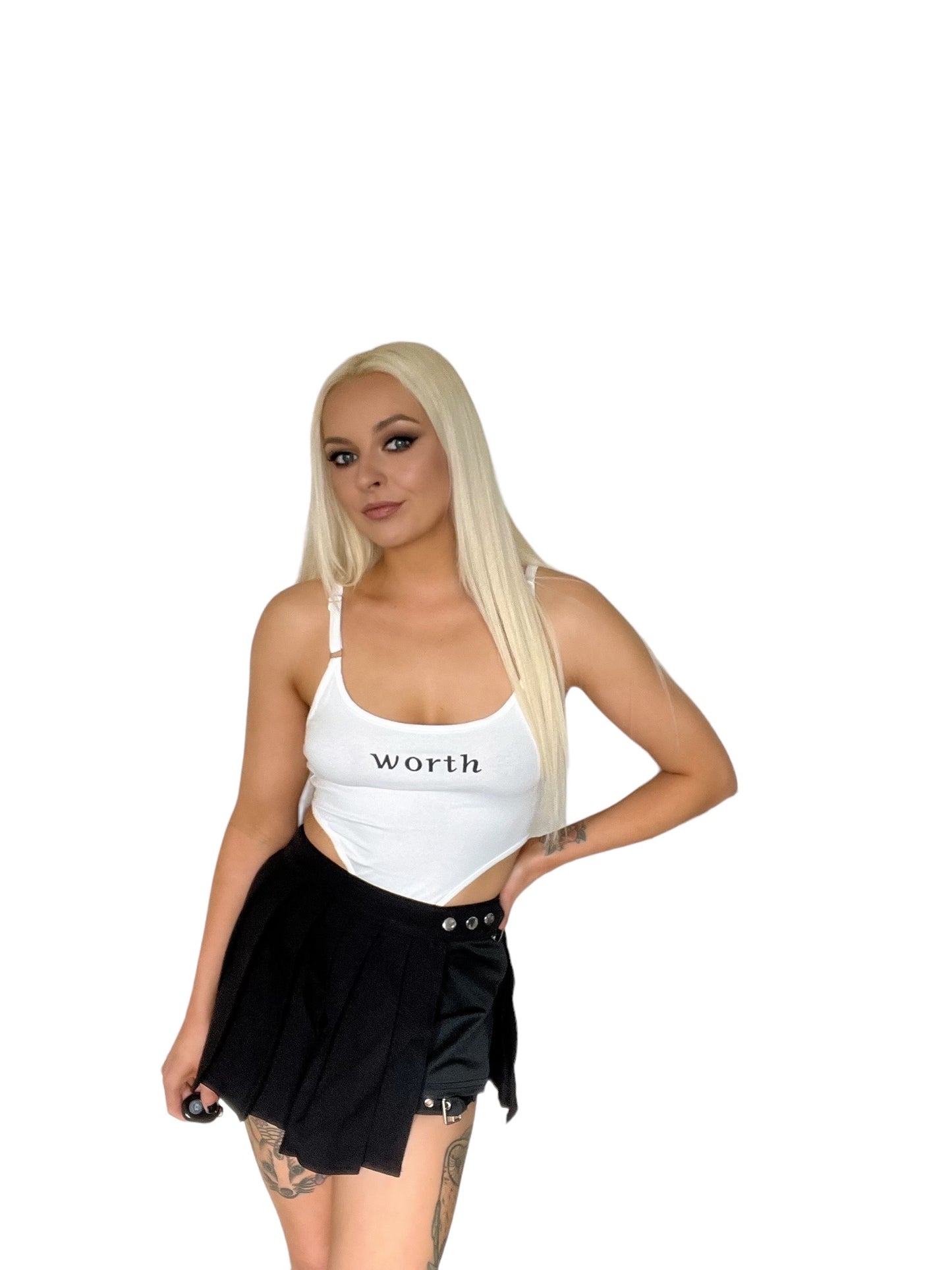 White or Black Worth Slogan High Leg Basic Bodysuit