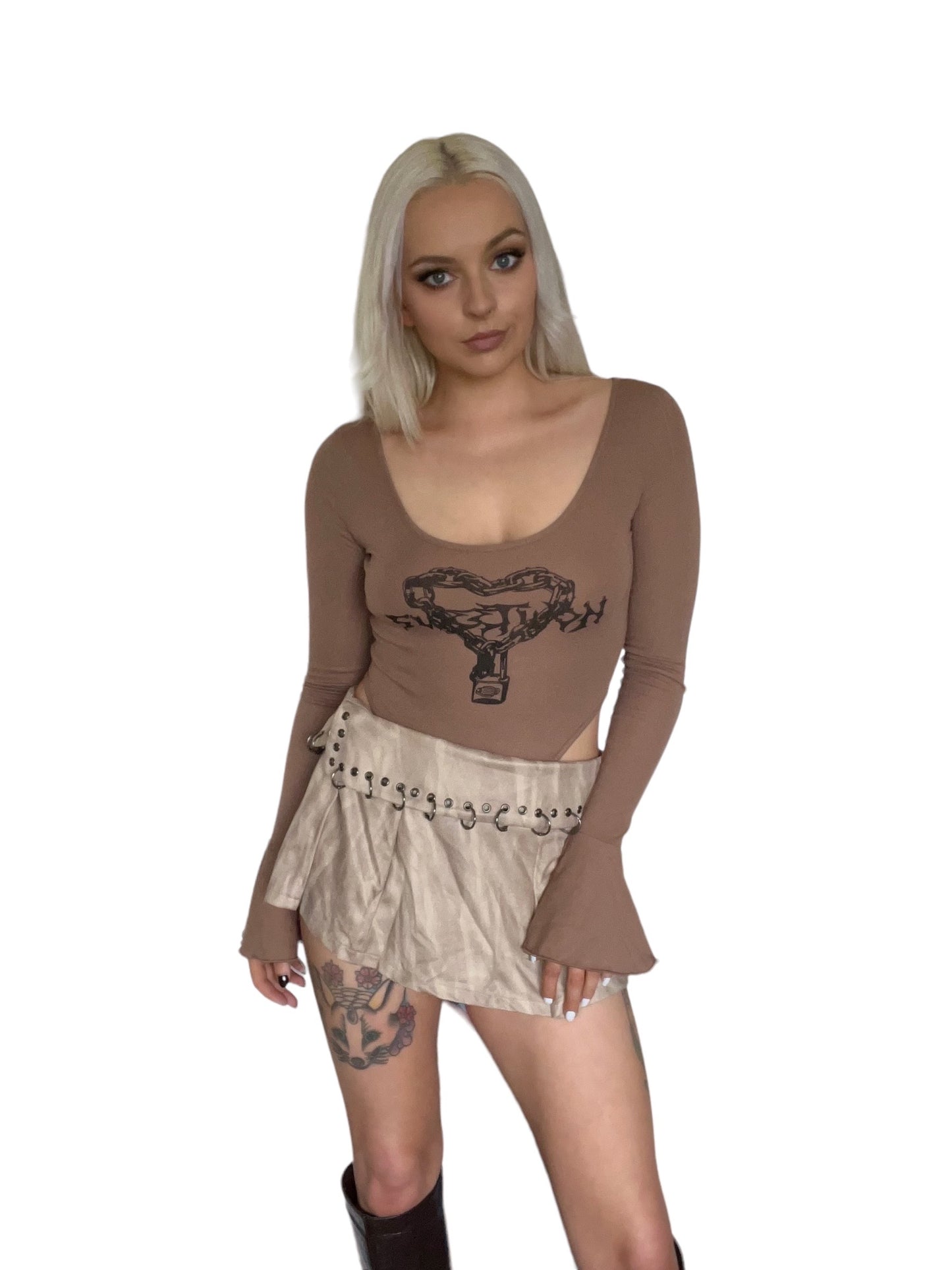 Brown Heart Punk Graphic Y2K Bodysuit