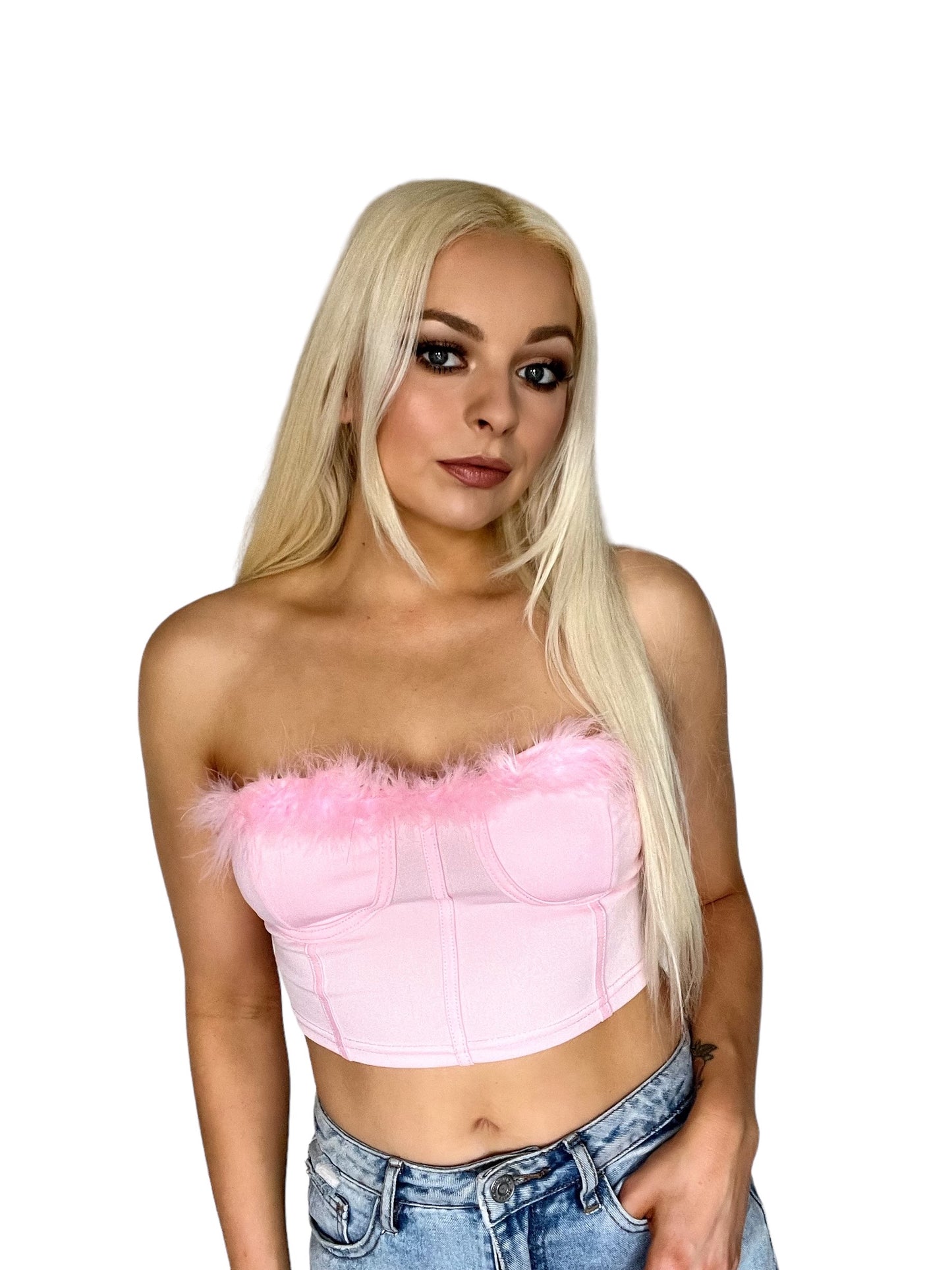 Pink Cropped Fluffy Corset Crop Top