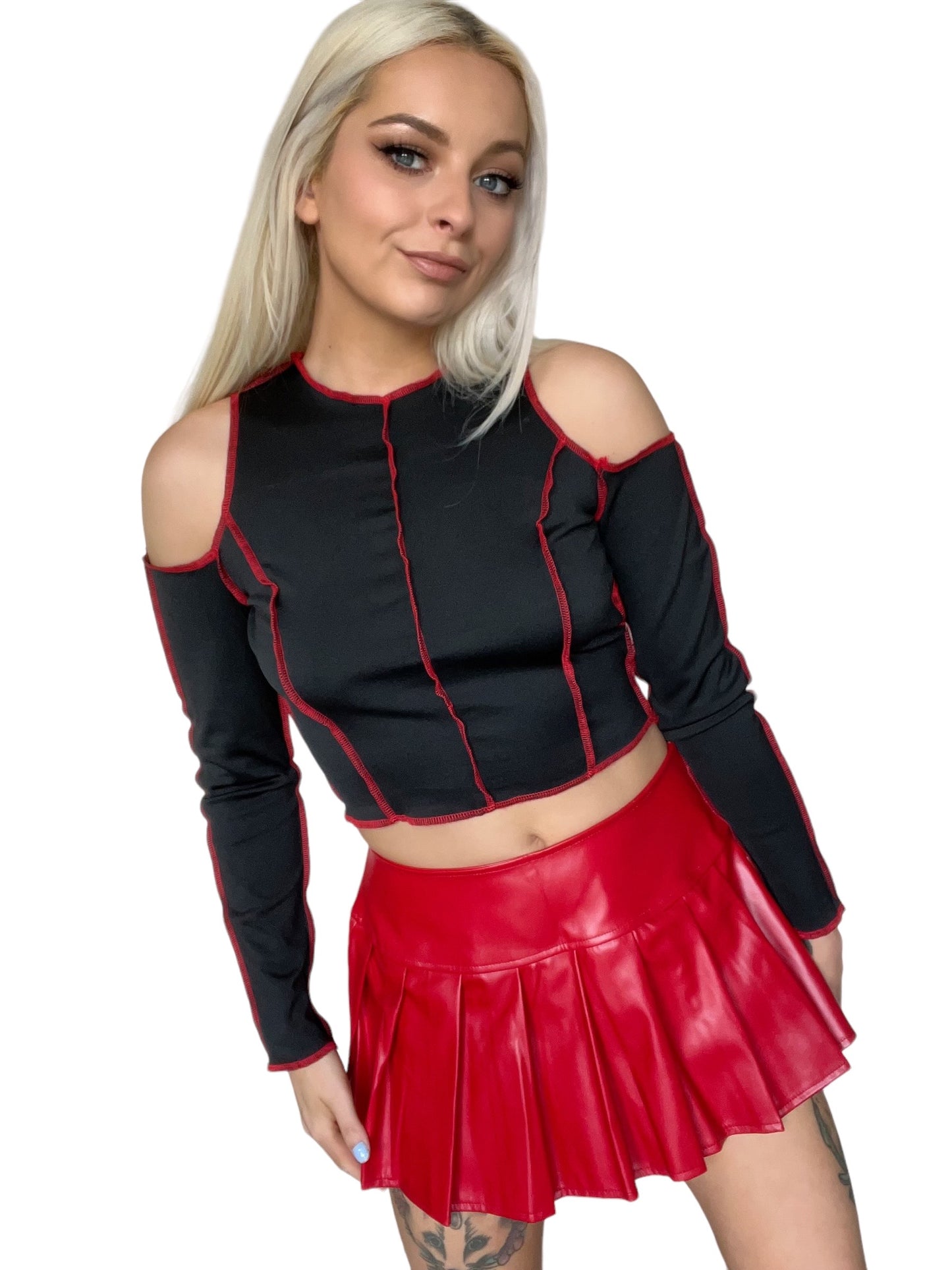 Black Patchwork Punk Cold Shoulder Crop Top