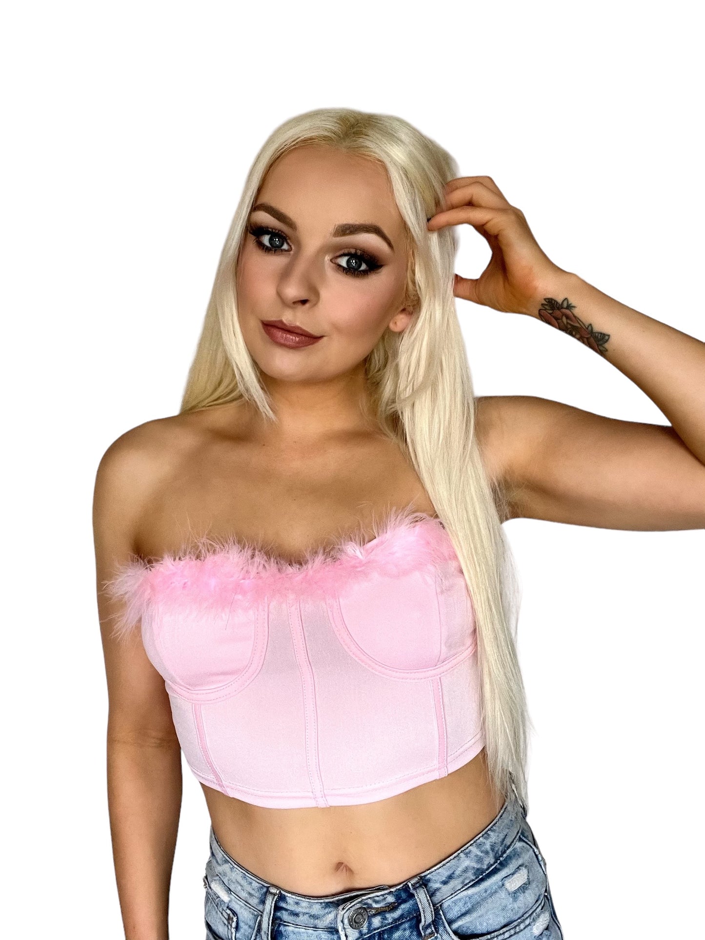 Pink Cropped Fluffy Corset Crop Top