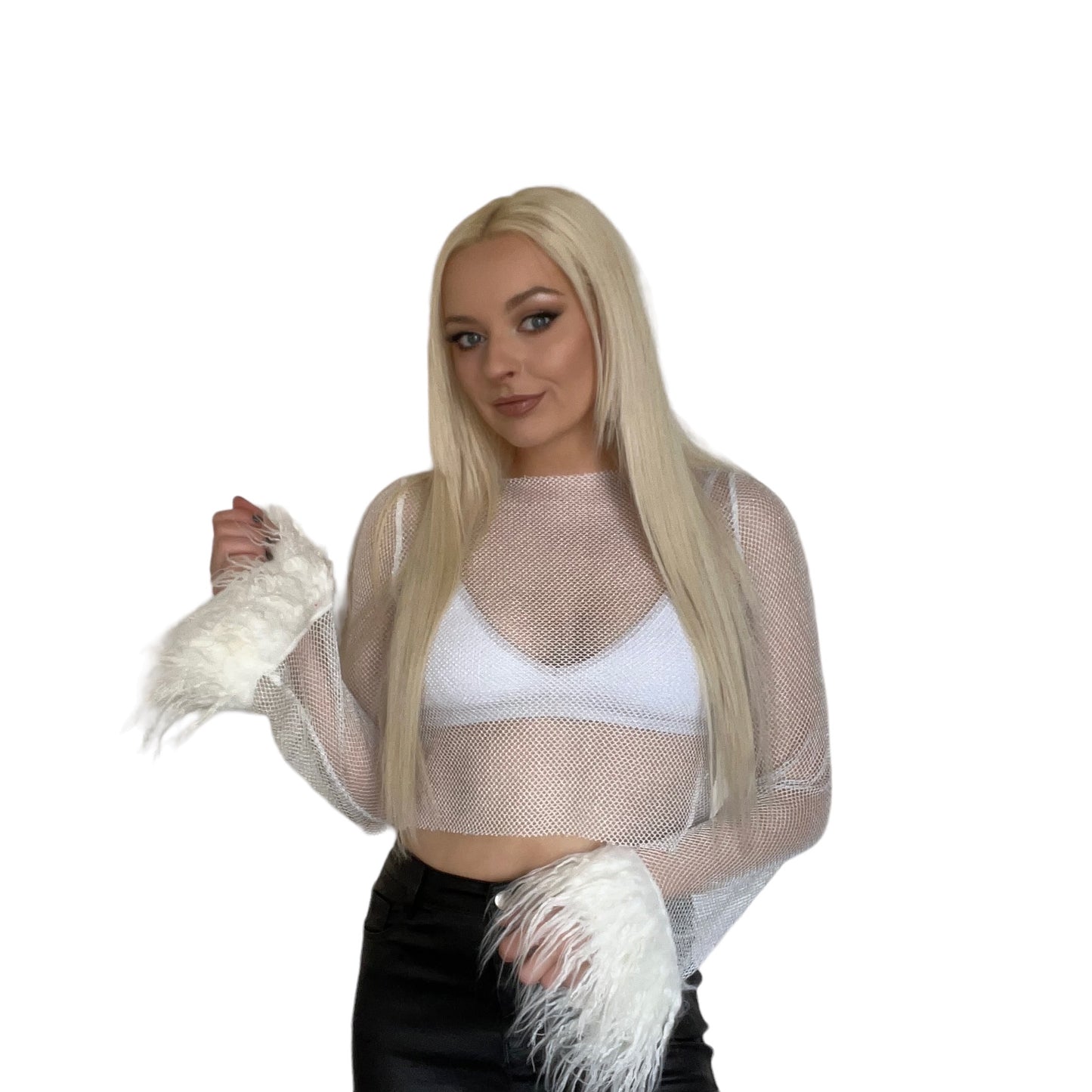 White Fishnet Y2k Fluffy Crop Top