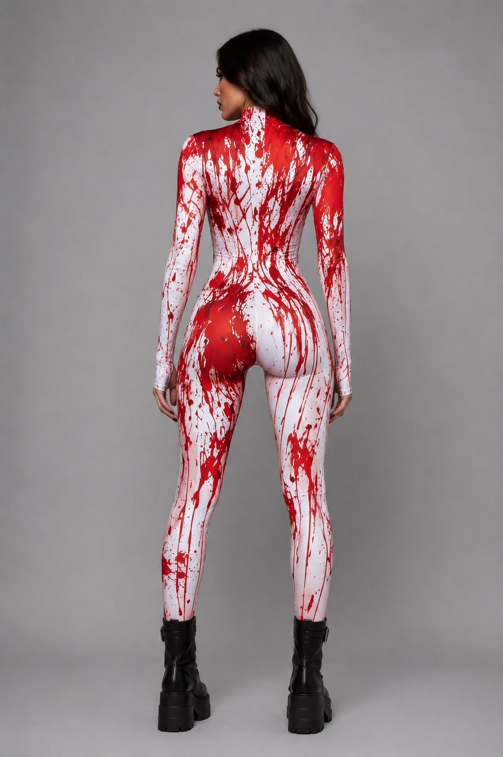 Cyberpunk Horror Sexy Blood Splatter Cut Out Catsuit Halloween Gore Costume