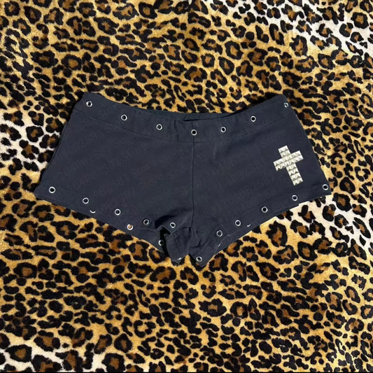 Black Low Rise Y2k Gothic Studded Cross Booty Shorts