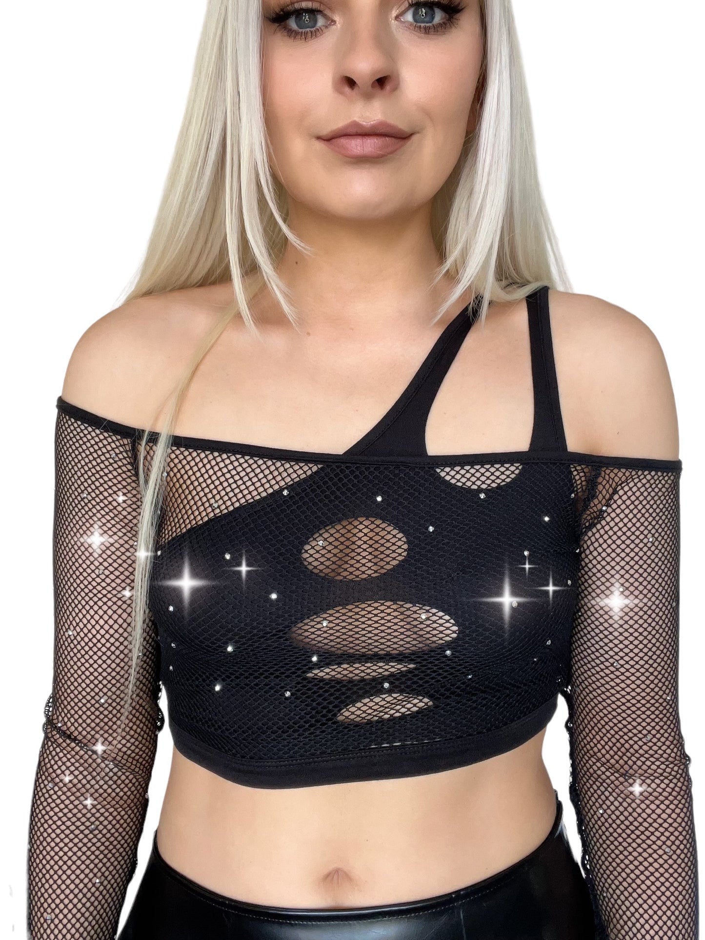 Black 2 Piece Rhinestone Fishnet Crop Top Techno Set