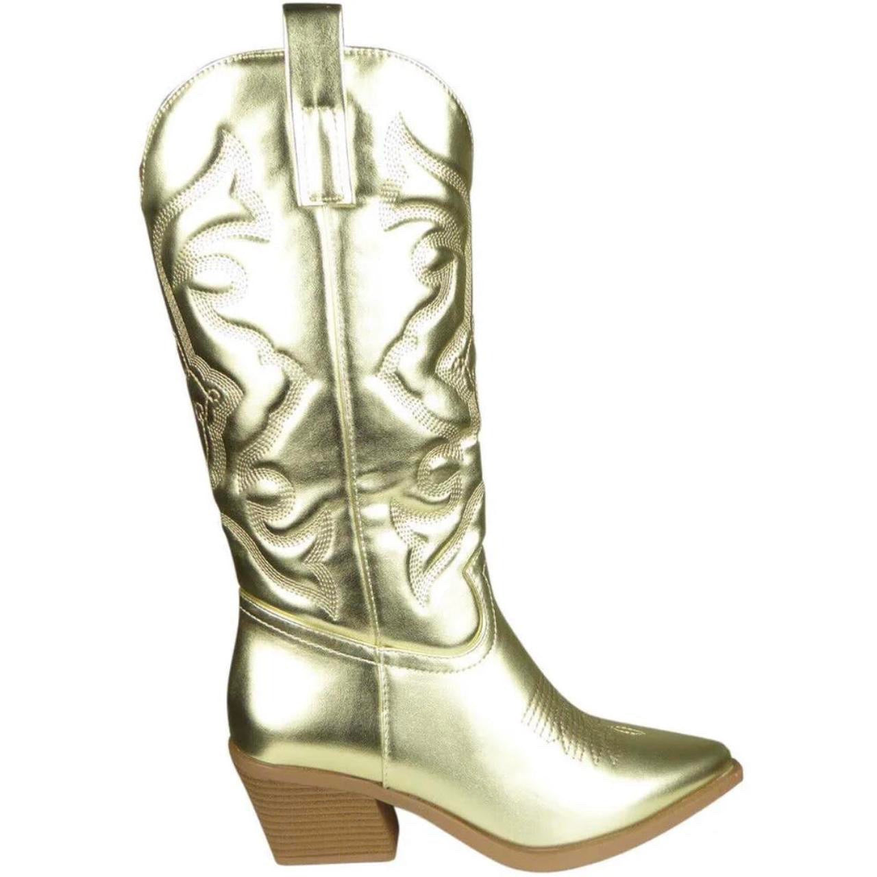 Gold Metallic Faux Leather Mid Calf Cowboy Boots