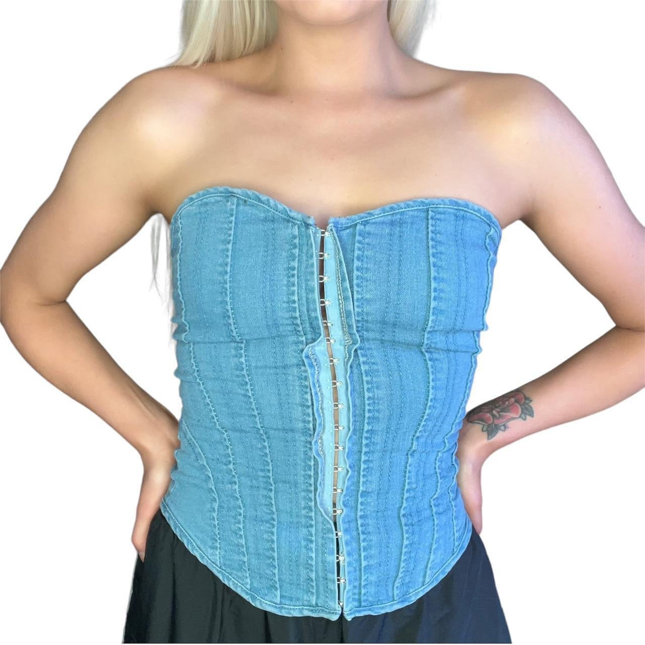 Blue Denim Strapless Y2K Style Corset Top