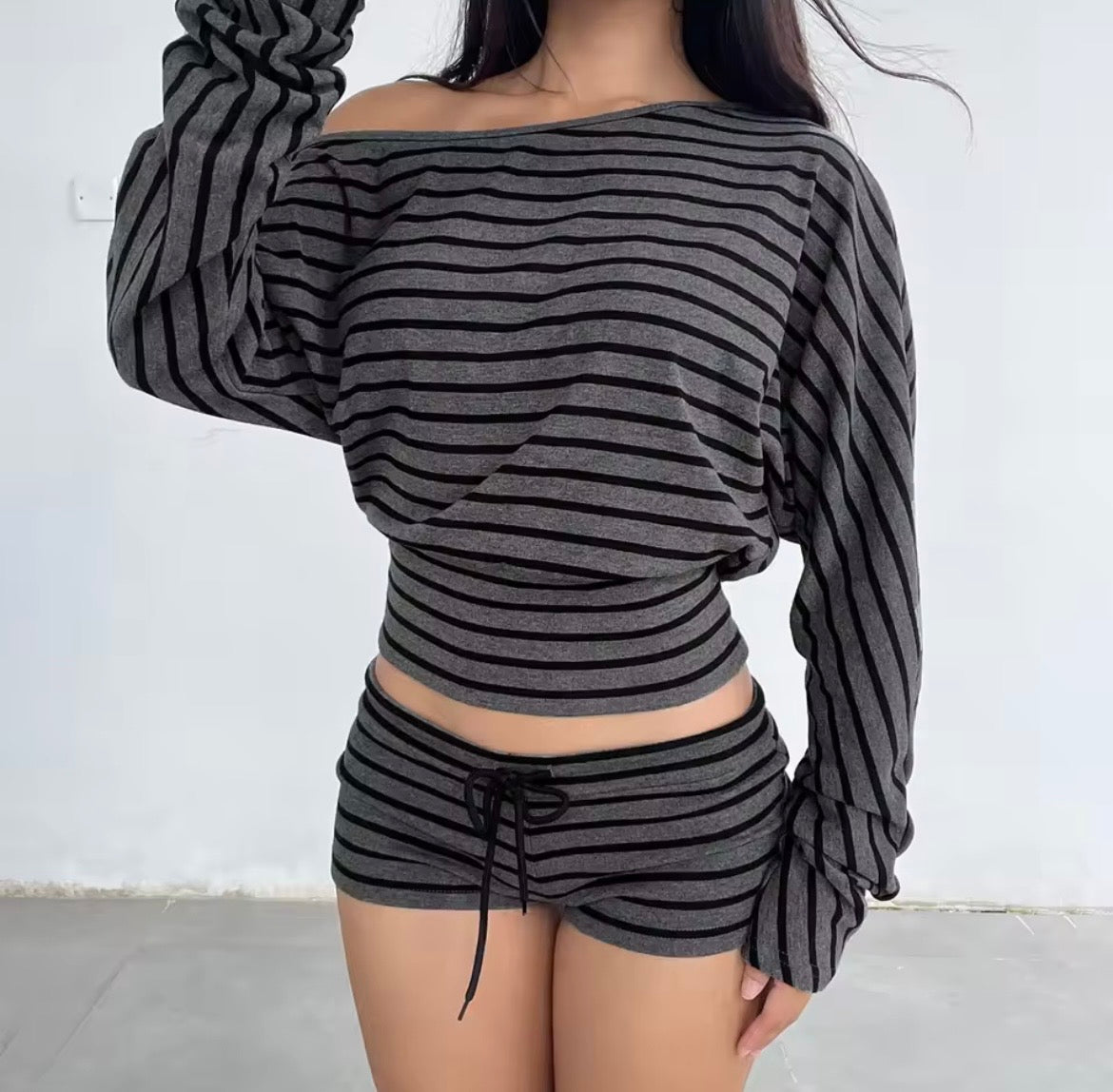 Grey And Black Striped Slouch Top And Shorts Loungewear Set
