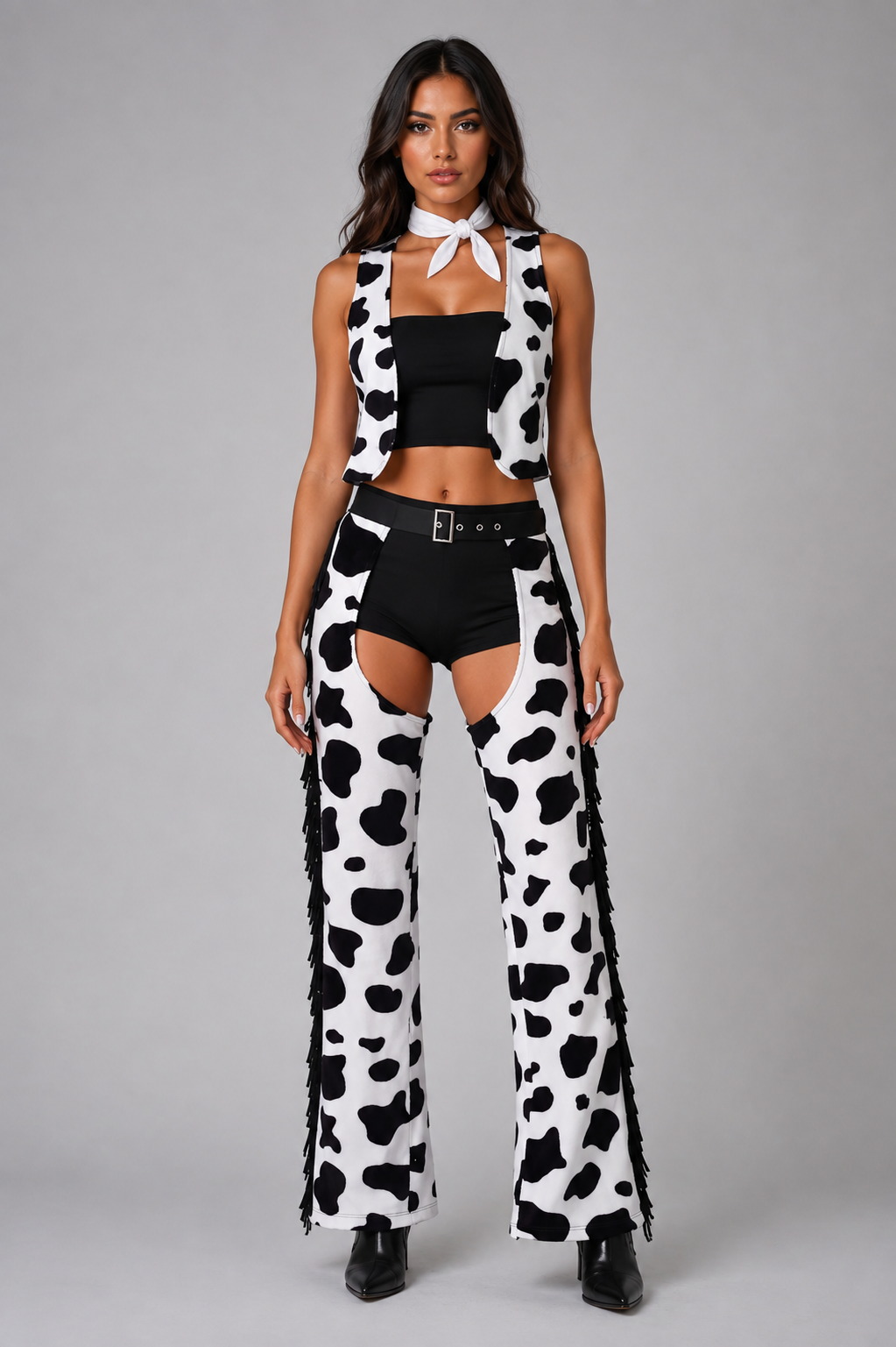 White And Black Cowgirl Chaps Vest Cosplay Costume Outfit Set