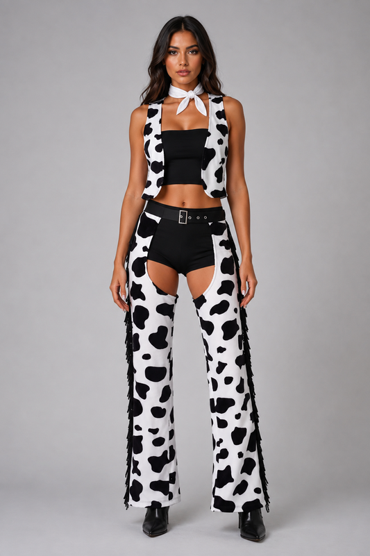 White And Black Cowgirl Chaps Vest Cosplay Costume Outfit Set