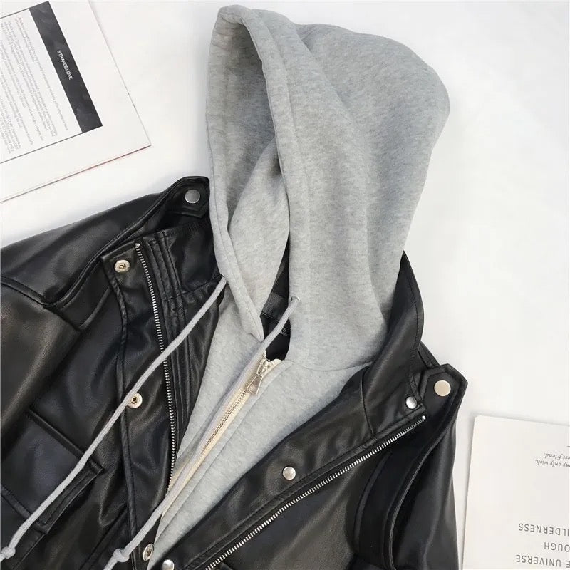 Black Faux Leather Hoodie Bomber Jacket