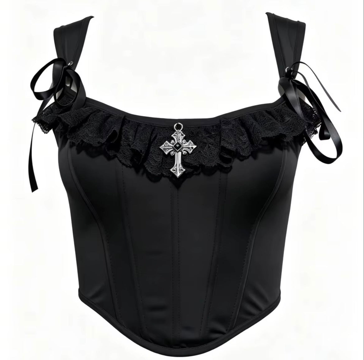 Black Satin Romantic Gothic Corset Crop Top