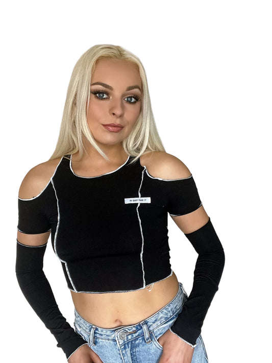 Black Cold Shoulder Patchwork Crop Top