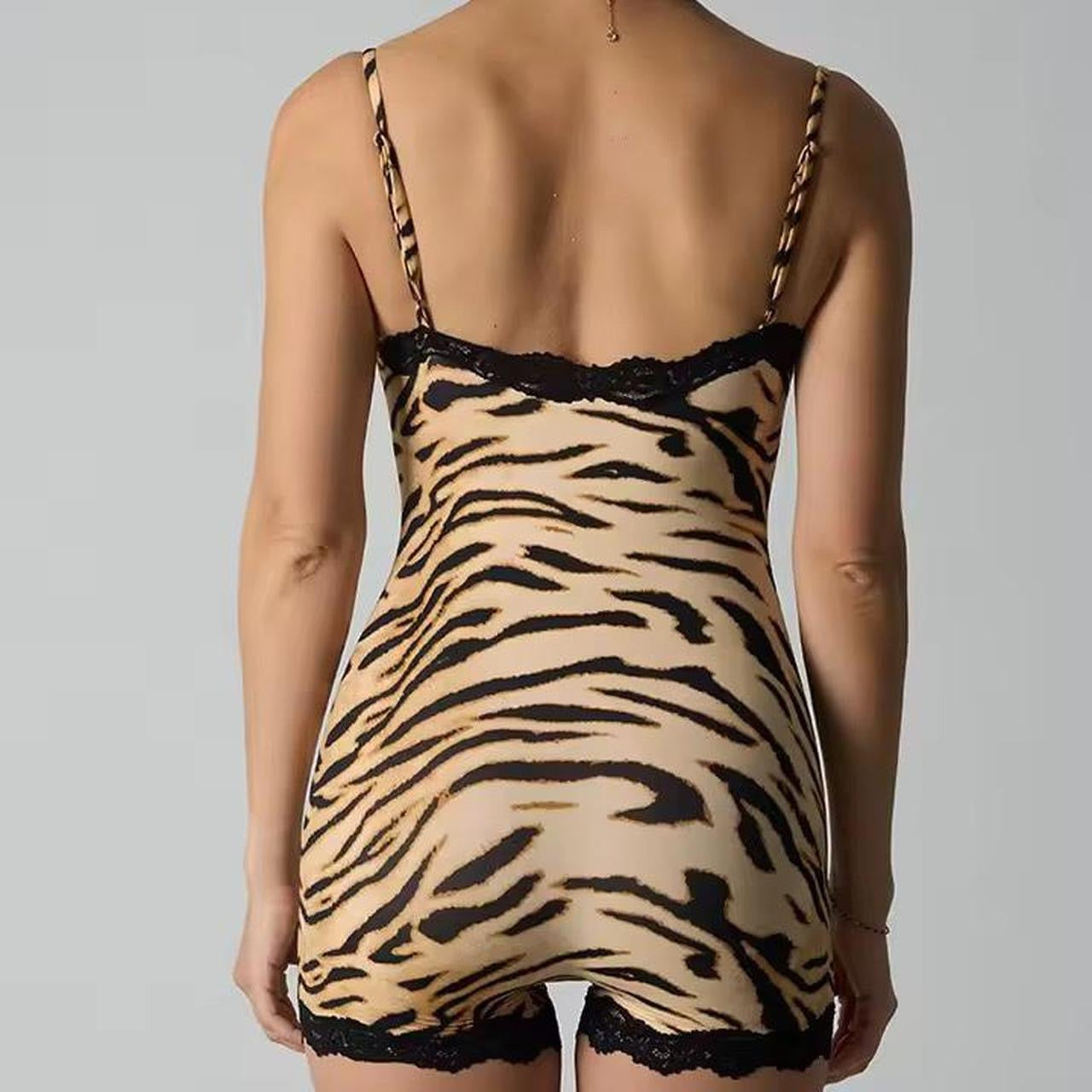 Yellow Tiger Animal Print Strappy Lace Summer Grunge Playsuit