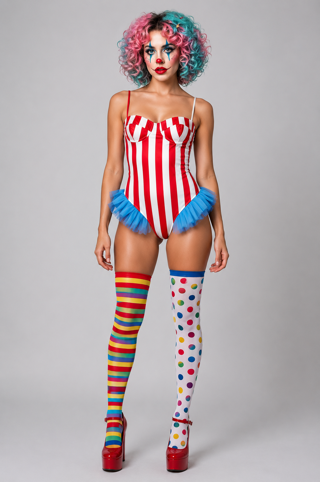 Carnival Clown Striped Frill Costume Bodysuit Cosplay