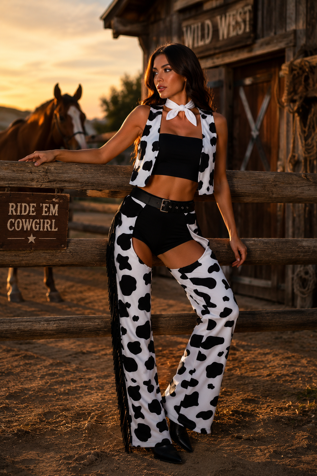 White And Black Cowgirl Chaps Vest Cosplay Costume Outfit Set