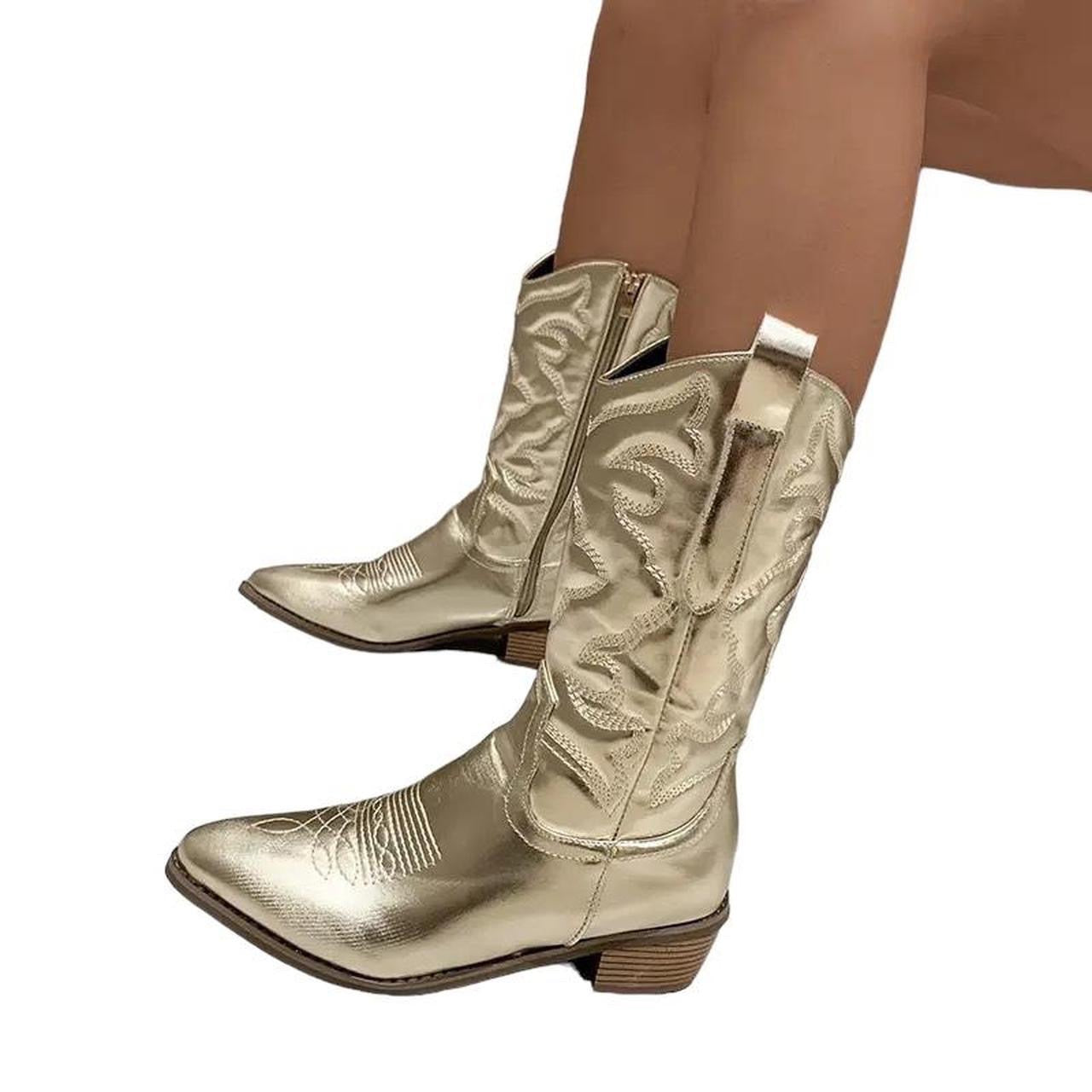 Gold Metallic Faux Leather Mid Calf Cowboy Boots