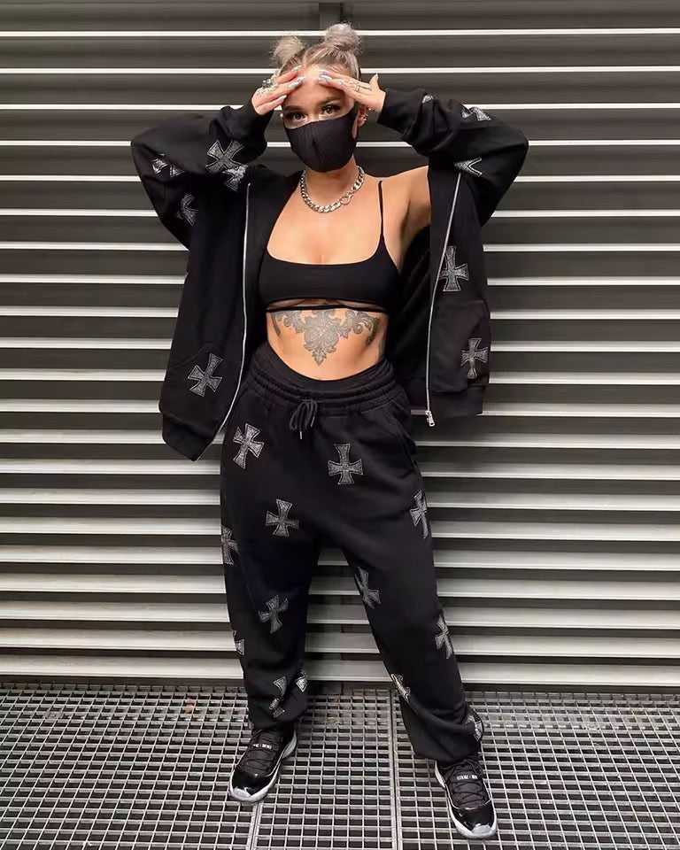 Black Gothic Rhinestone Cross Casual Jogging Sweatpants Trousers