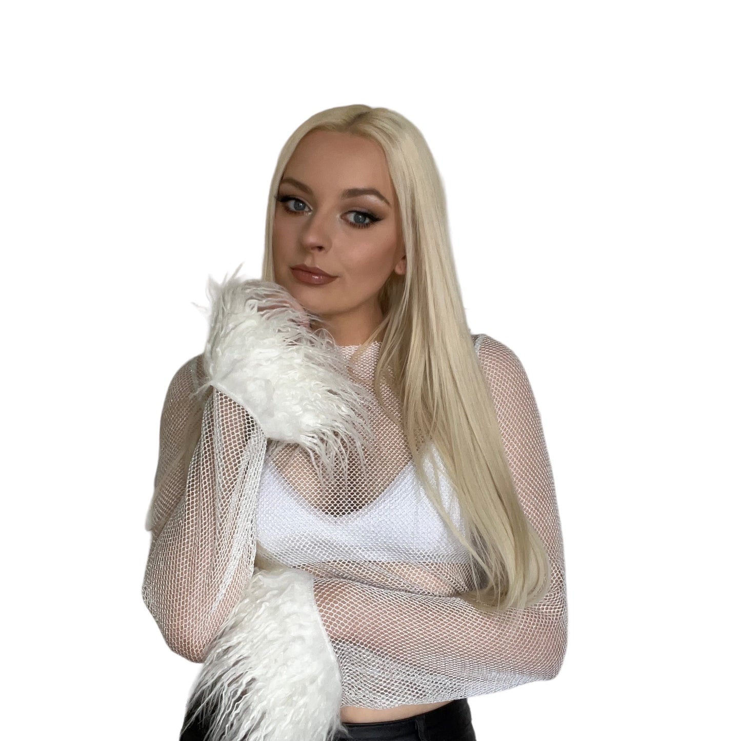 White Fishnet Y2k Fluffy Crop Top