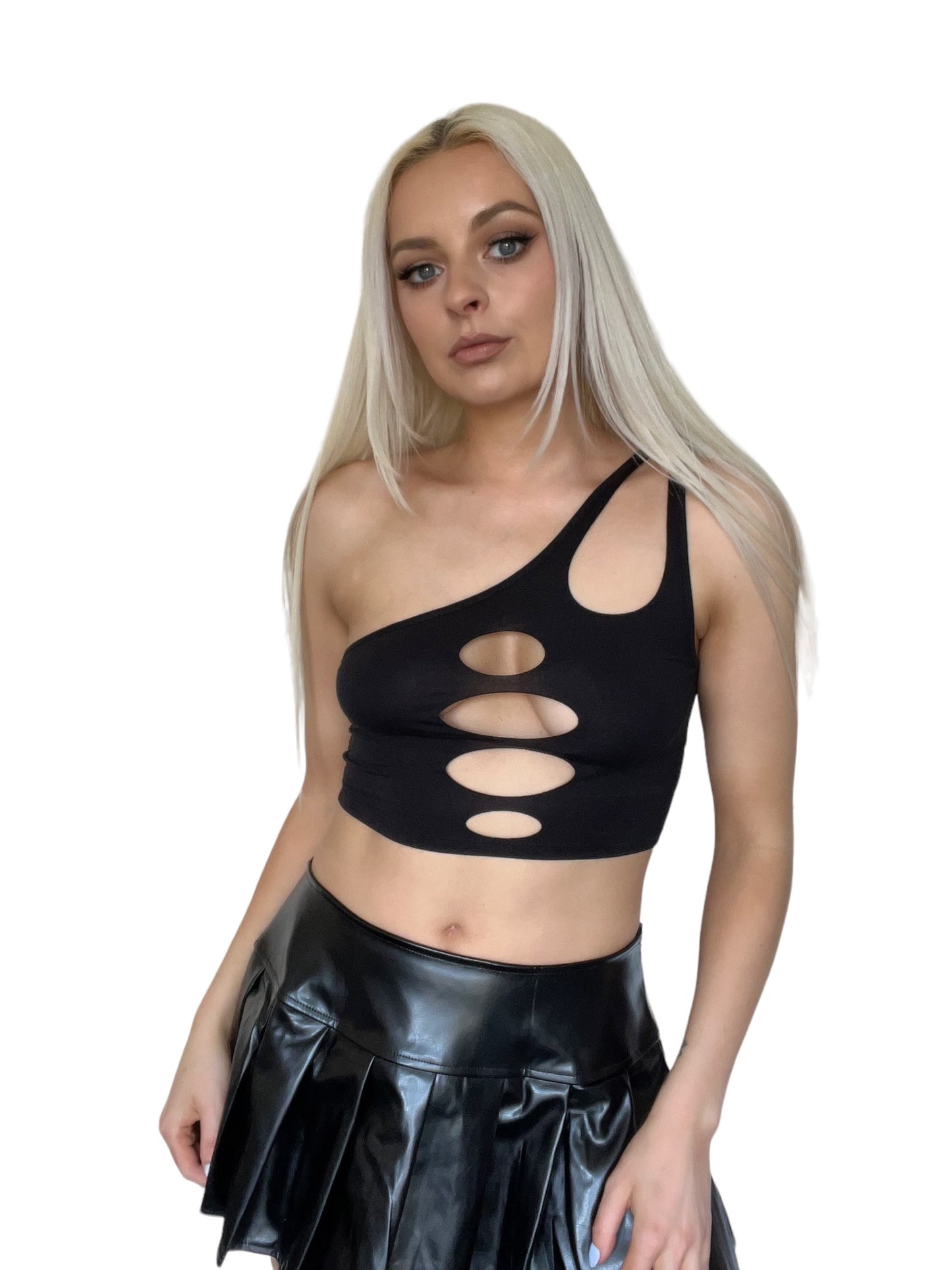 Black 2 Piece Rhinestone Fishnet Crop Top Techno Set