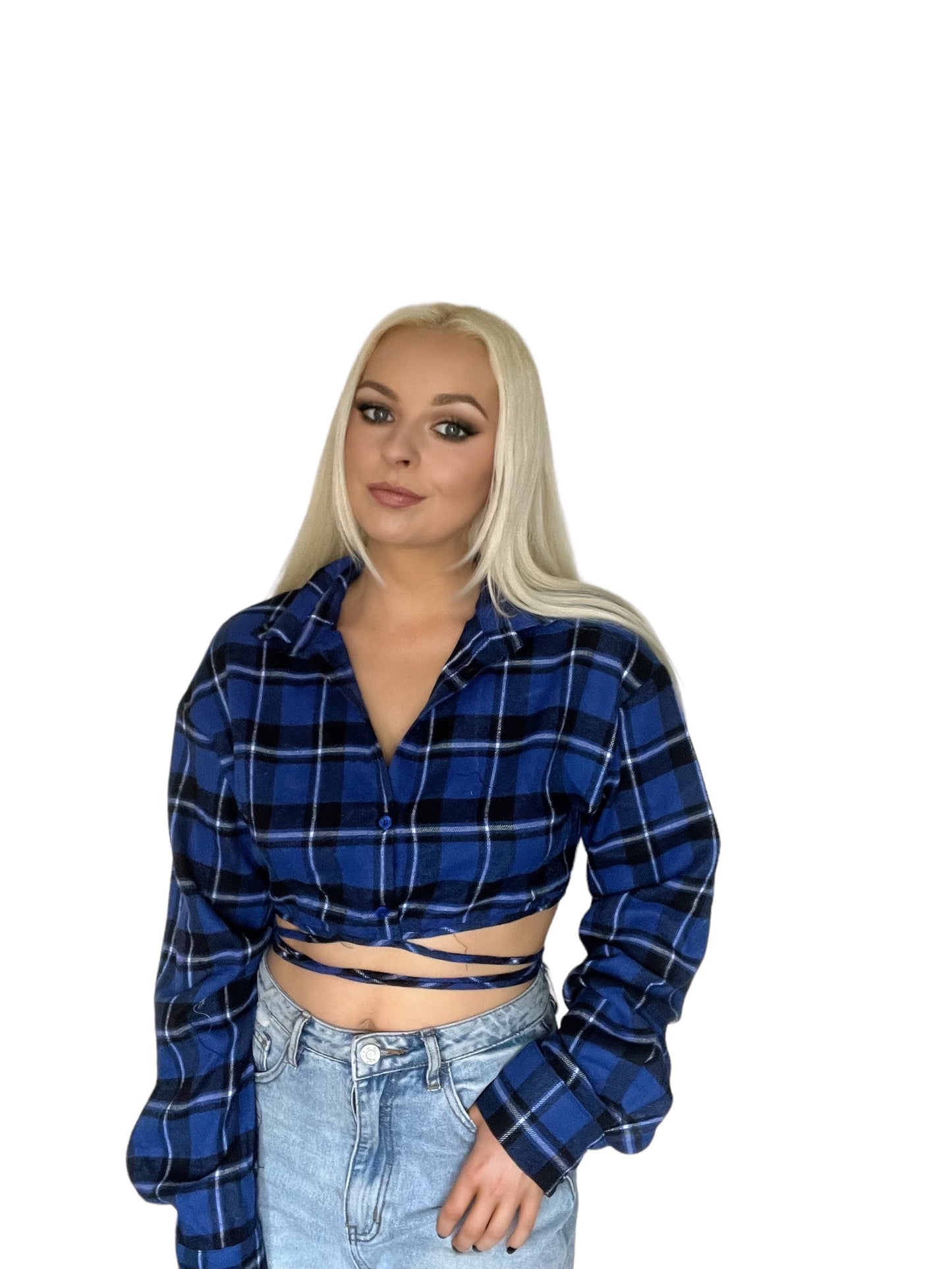 Blue Checkered Flannel Cropped Wrap Shirt