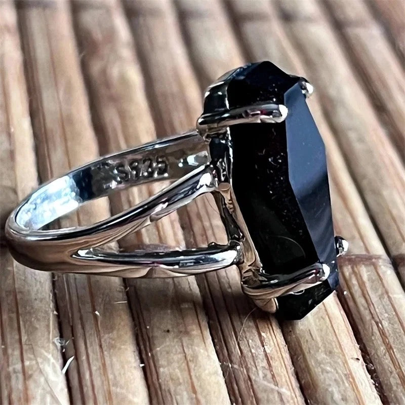 Silver Coffin Black Stone Gothic Ring