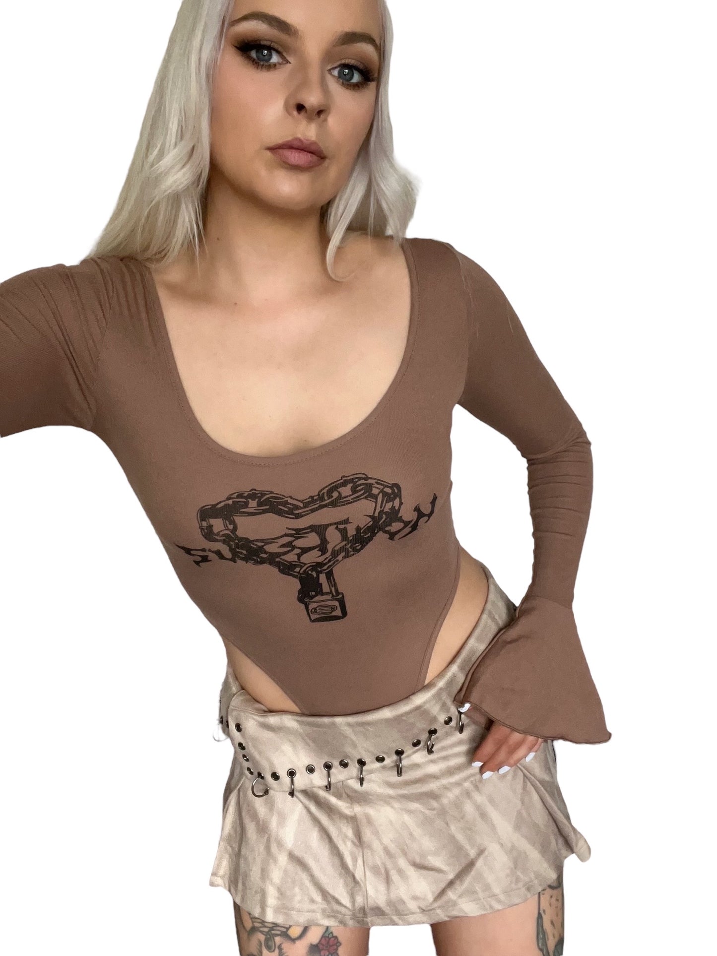 Brown Heart Punk Graphic Y2K Bodysuit