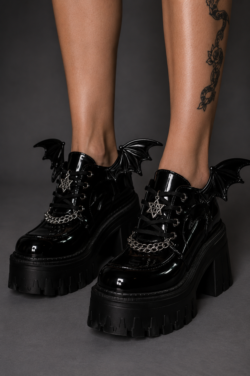 Black Patent Chunky Platform Gothic Bat Wing Chain Loafers