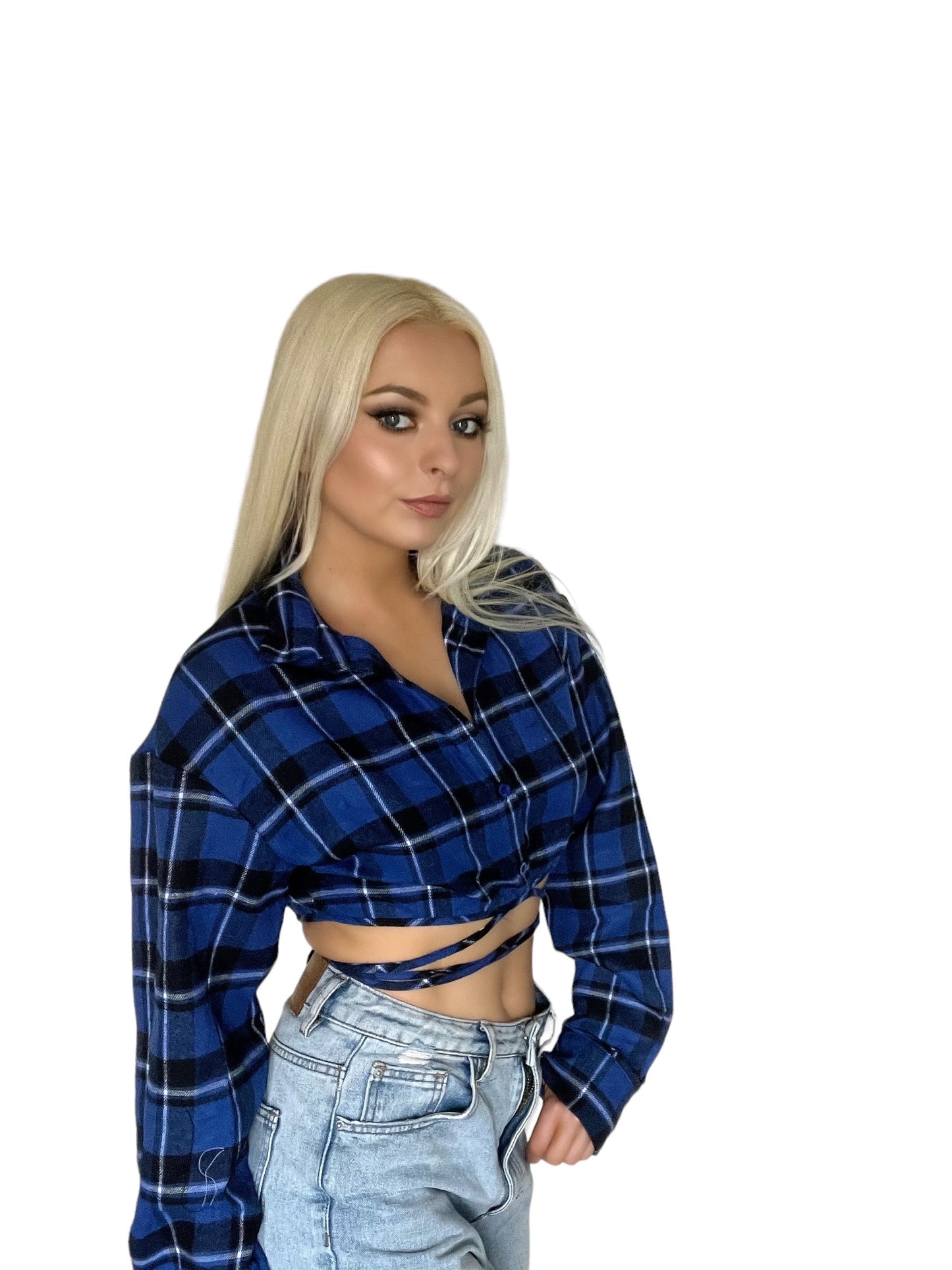 Blue Checkered Flannel Cropped Wrap Shirt