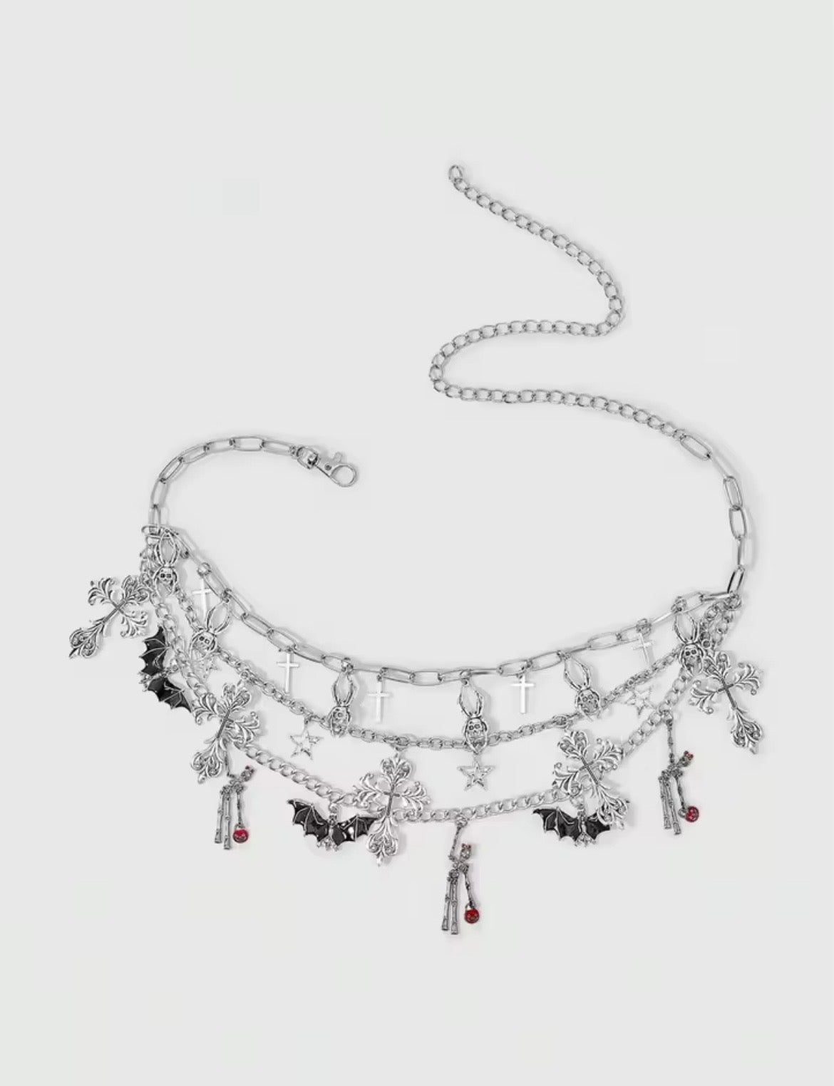 Silver Gothic Bat Skeleton Charm Layer Chain Belt