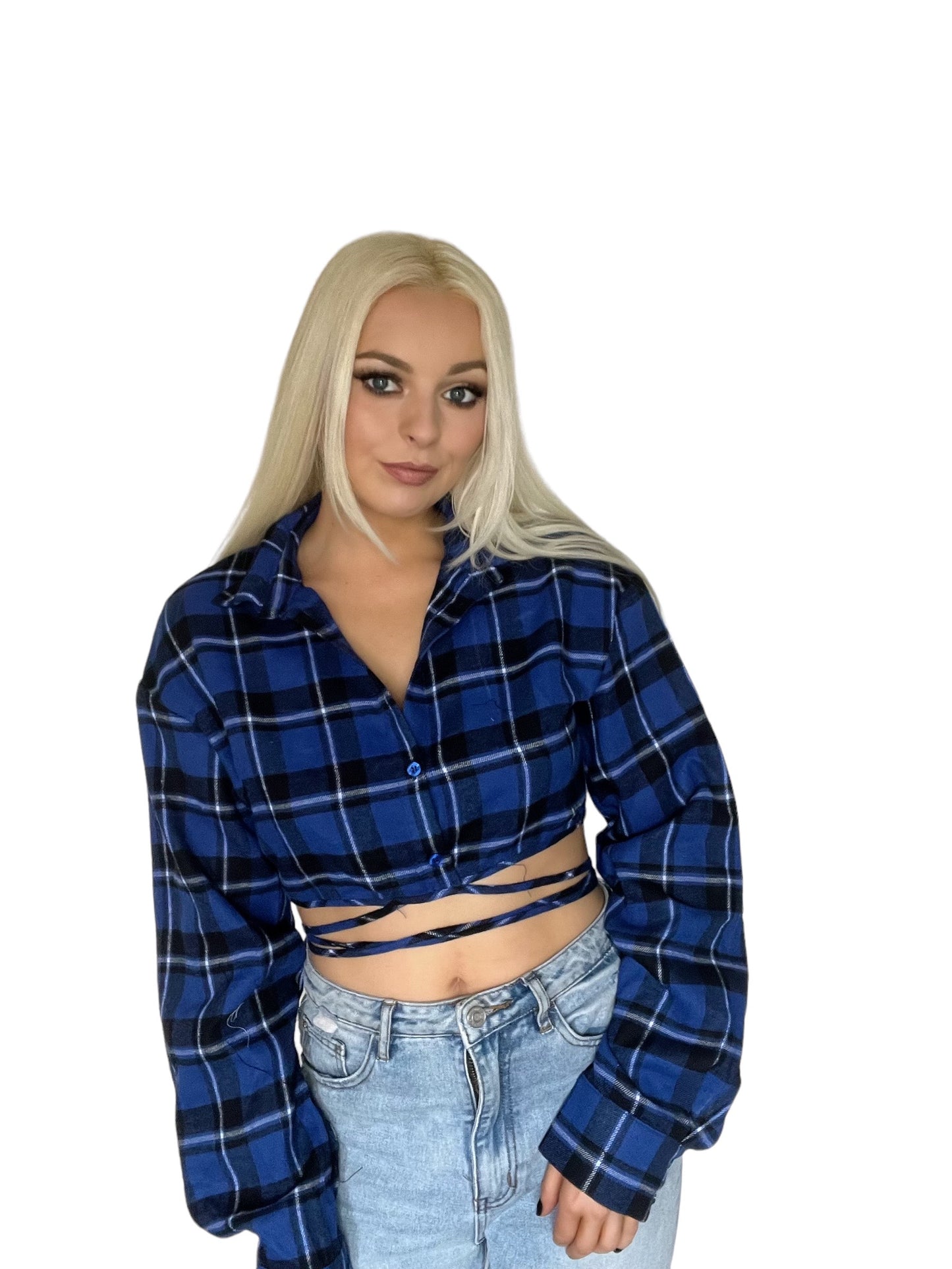 Blue Checkered Flannel Cropped Wrap Shirt