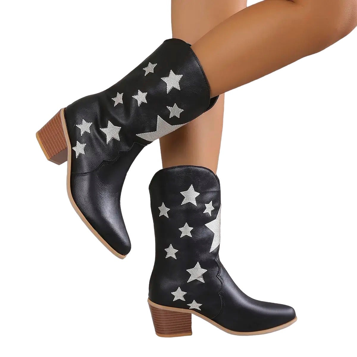 Black Faux Leather Star Calf Rise Cowboy Boots