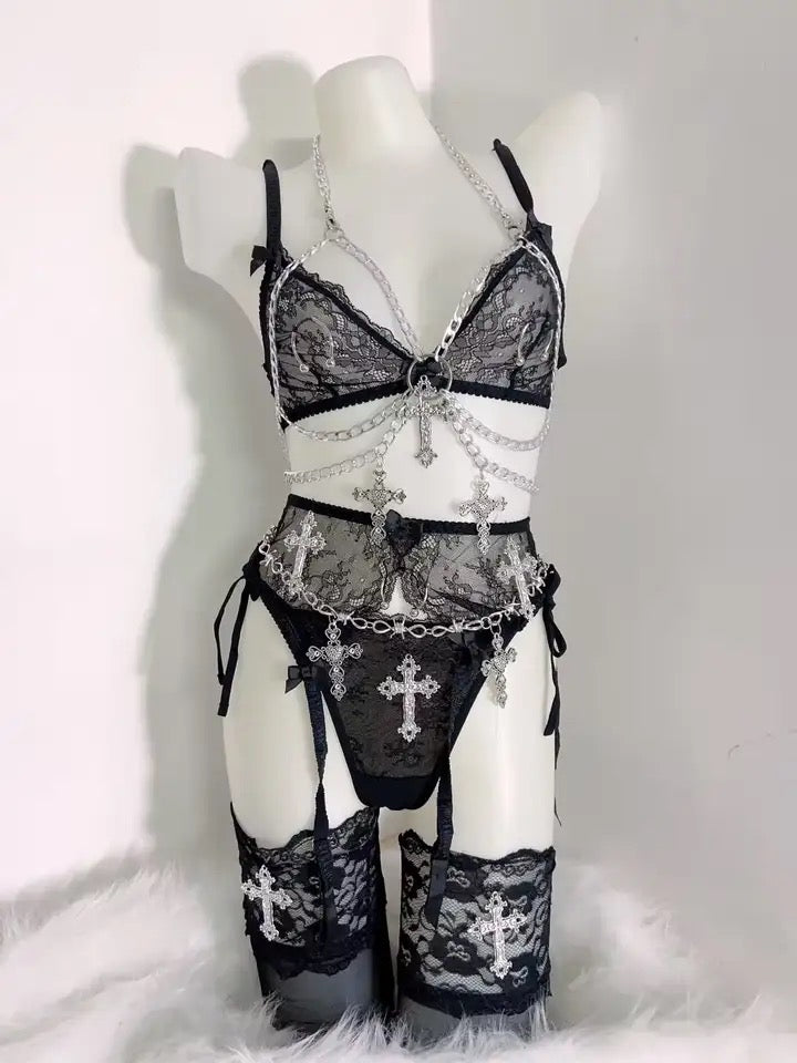 Black Lace Romantic Gothic 6 Piece Chain Lingerie Set